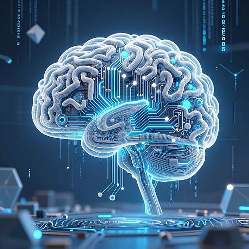 Digital CGI of a glowing, neon-white brain tree with intricate circuitry, floating above a futuristic, blue-lit control panel.