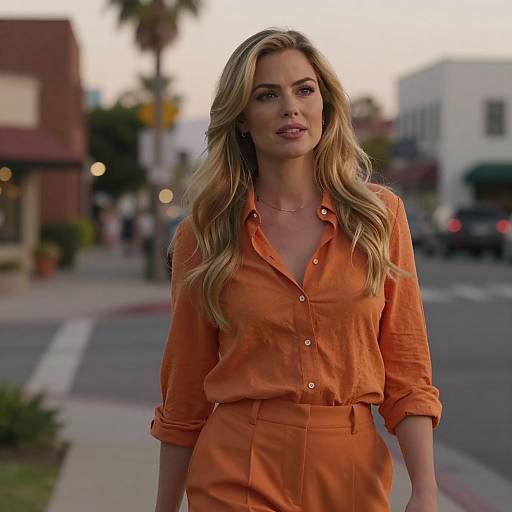 Blonde Woman in Orange Outfit Outdoors