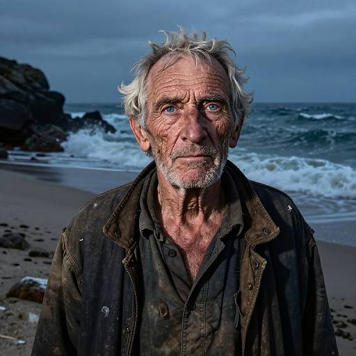 Photograph of an elderly man with white, disheveled hair and beard, wearing a dark, weathered jacket, standing on a stormy beach