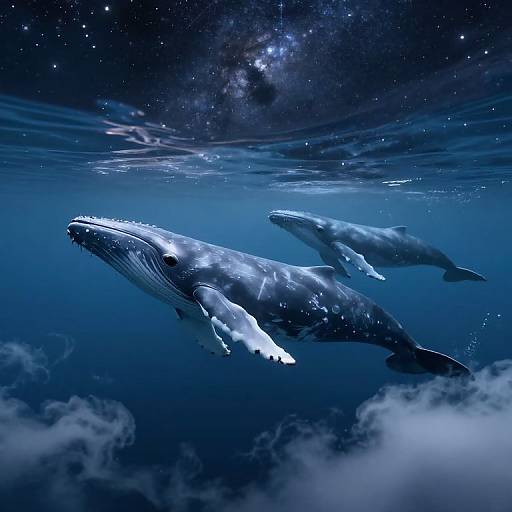 Photorealistic digital artwork of two blue whales swimming underwater, illuminated by bioluminescent patterns, with a starry galaxy above and clouds below.