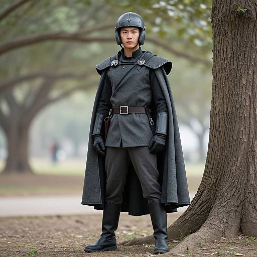 Photograph of a young Asian boy in medieval-style black armor, standing confidently in a park with trees, wearing a helmet and cape.