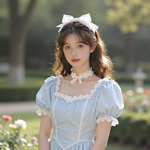 Young Woman in Vintage Blue Dress in Garden