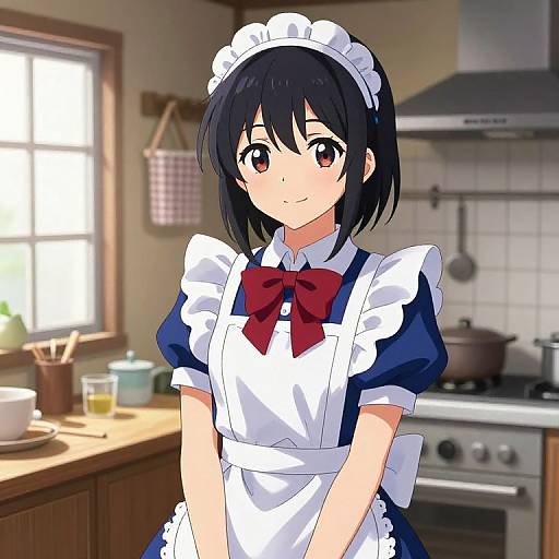 Anime-style digital drawing of a cute black-haired girl in a blue and white French maid outfit, standing in a bright kitchen.