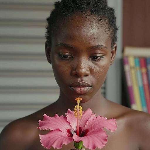 Young Woman Contemplating Hibiscus Flower