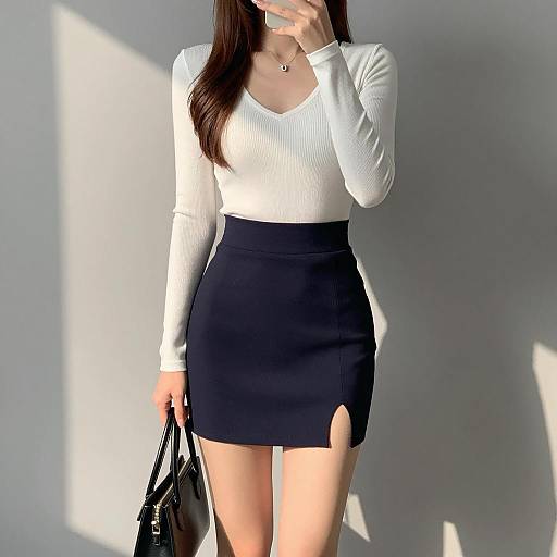 Woman in White Top and Navy Skirt Holding Black Handbag