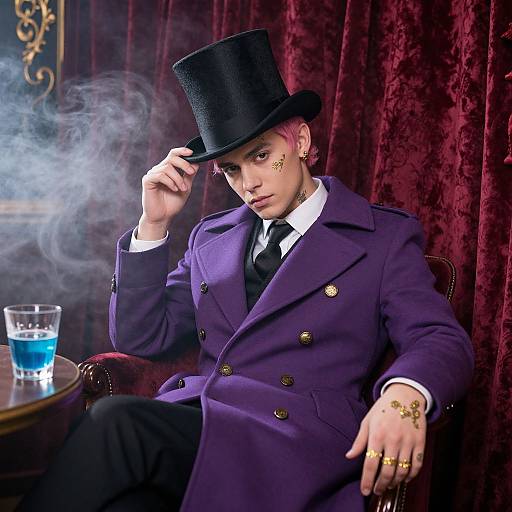 Mysterious man in purple coat and black top hat, smoking, with pink hair, gold rings, and blue drink, against red velvet.