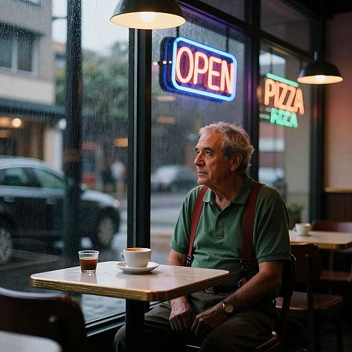 Contemplative Man in a Café Window