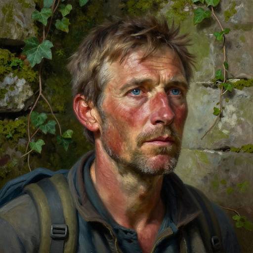 Digital painting of a rugged, bearded man with blue eyes, dirty face, and tousled brown hair, wearing a green shirt and backpack, against