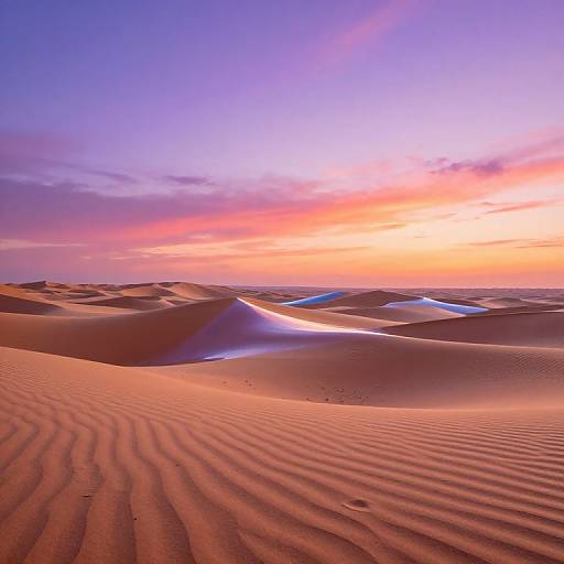 Photograph of a desert landscape at sunset, featuring rippled sand dunes, vibrant orange and purple sky, and soft shadows.