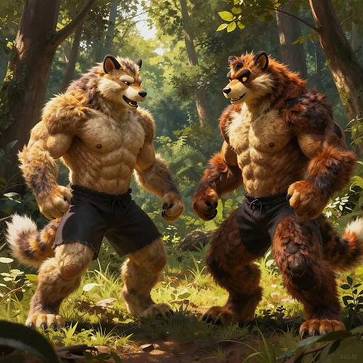 Digital art of two muscular, anthropomorphic raccoons with brown and cream fur, wearing black shorts, standing in a sunlit forest.