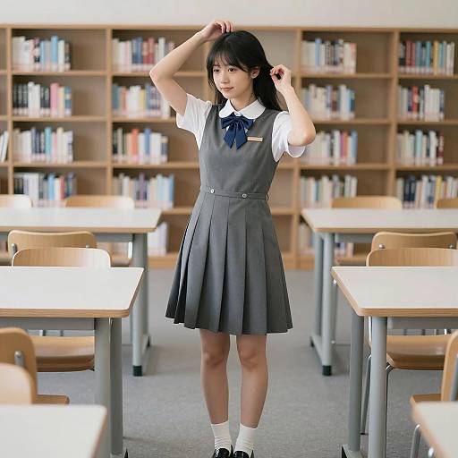 Asian Woman in Library with Pinafore Dress