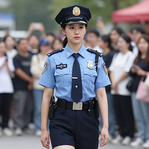 Photograph of an Asian female police officer in blue uniform and black hat, standing in front of a blurred crowd outdoors.