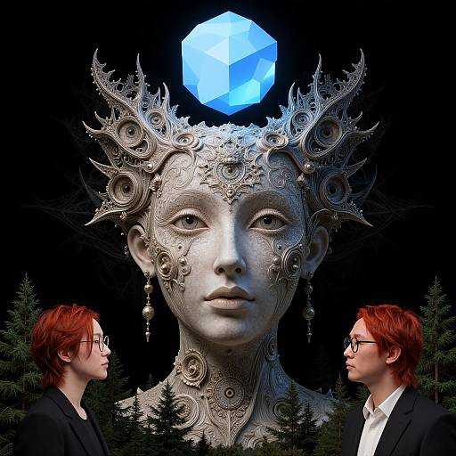 Photorealistic CGI: Two red-haired men in black suits face a massive, ornate, silver-faced statue with intricate headdress and blue hexagon