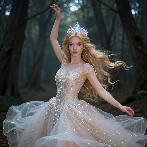 Photograph-style digital artwork of a blonde princess in a sparkling white ball gown and silver tiara, dancing in a dark, mystical forest.