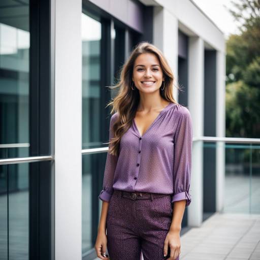 Young woman smiling outdoors in purple outfit