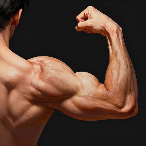 Photorealistic digital artwork of a muscular, shirtless man flexing his right bicep against a solid black background. His skin is smooth with