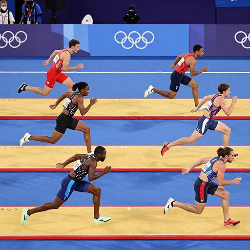 Photograph of six male sprinters in colorful athletic wear racing on a blue and yellow track during an Olympic event.