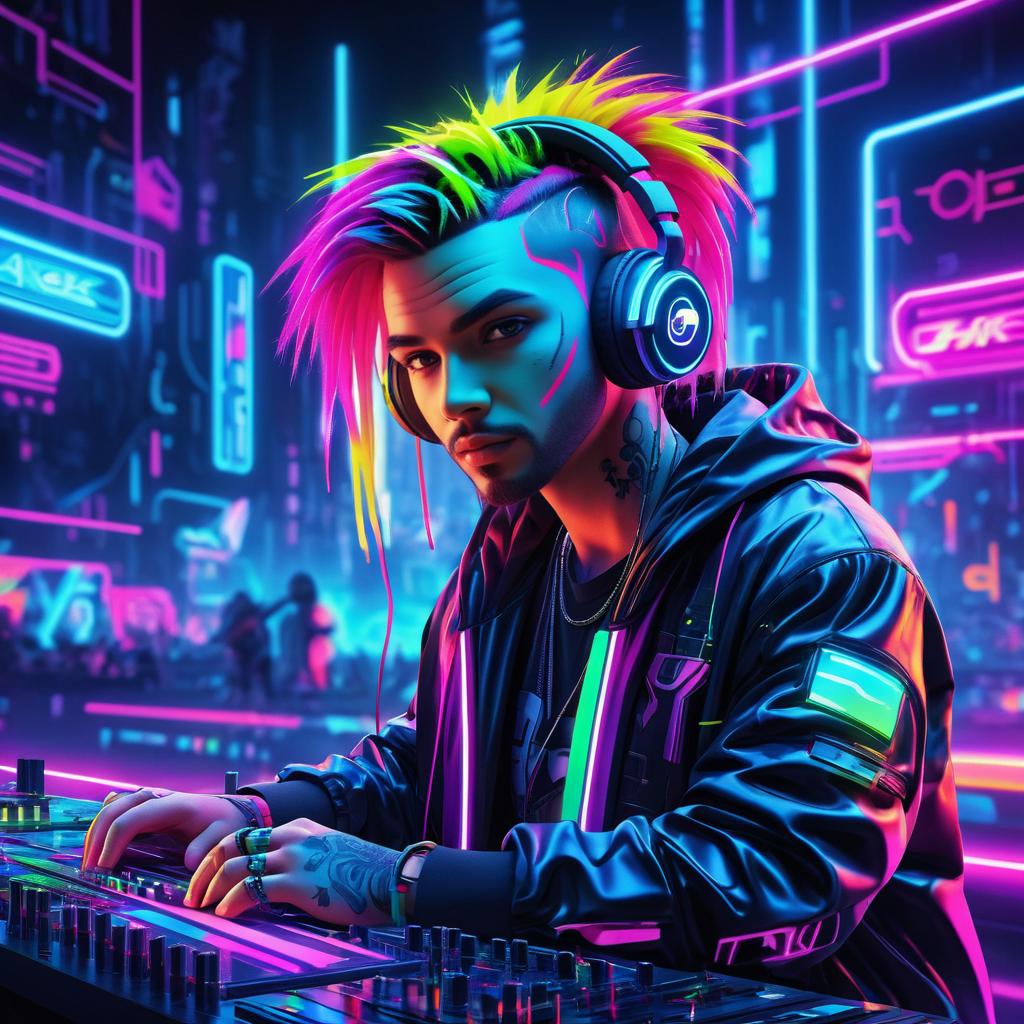 Vibrant Cyberpunk DJ in Neon World