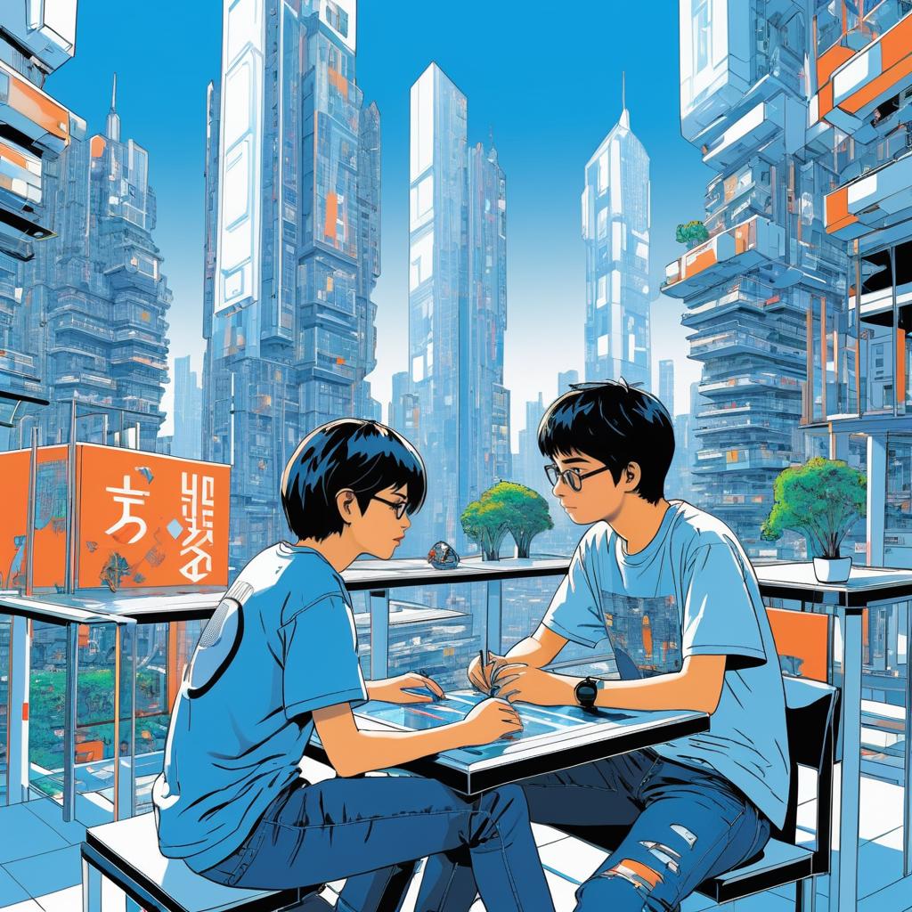 Teenager and Robot Mentor in Futuristic City