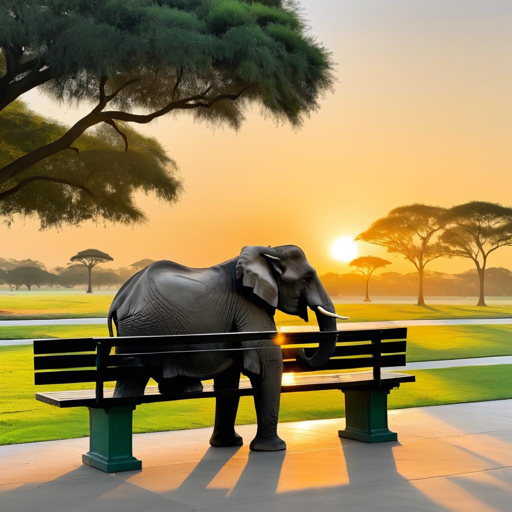 Majestic Elephant on Park Bench at Sunset