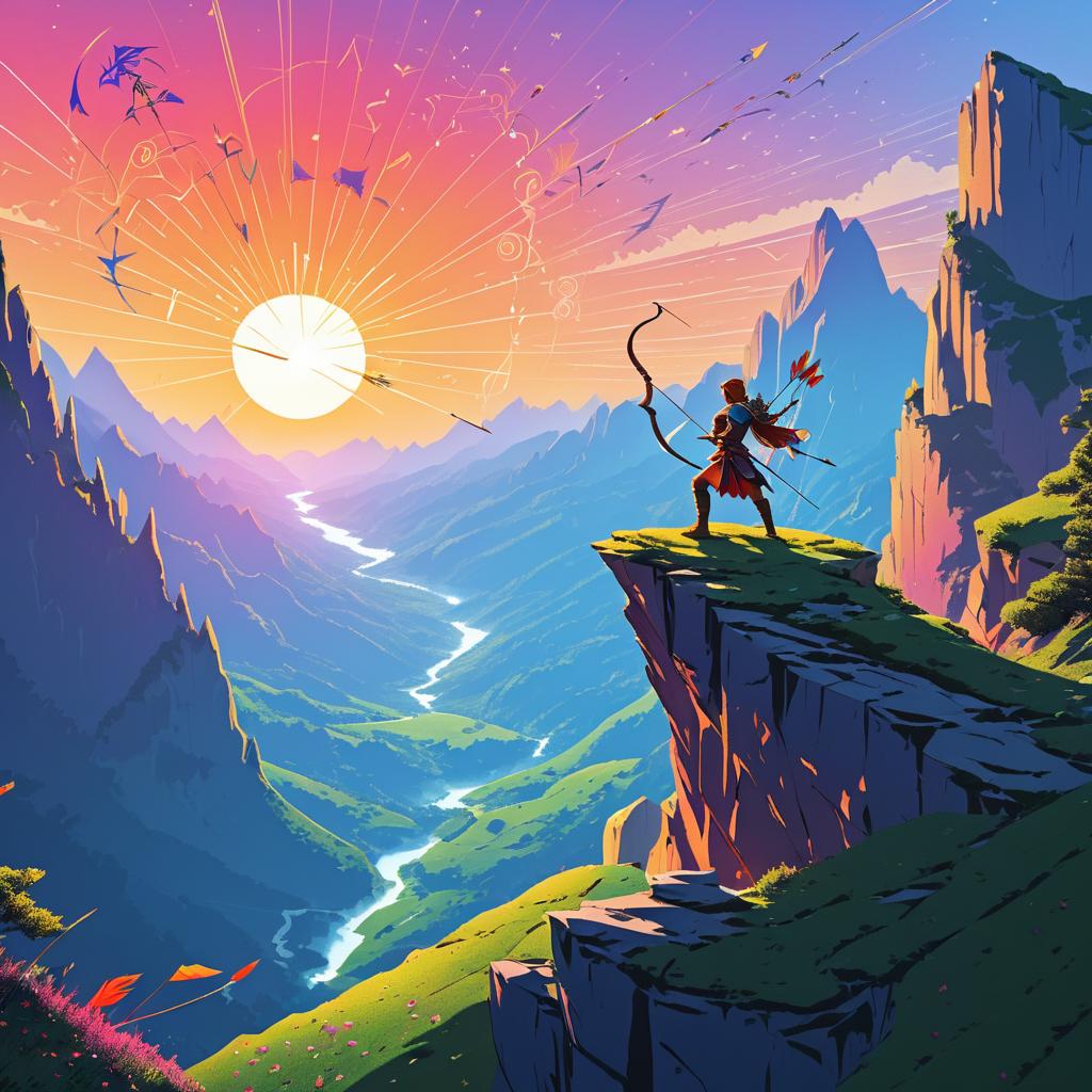 Epic Archer at Sunset with Mystical Creatures