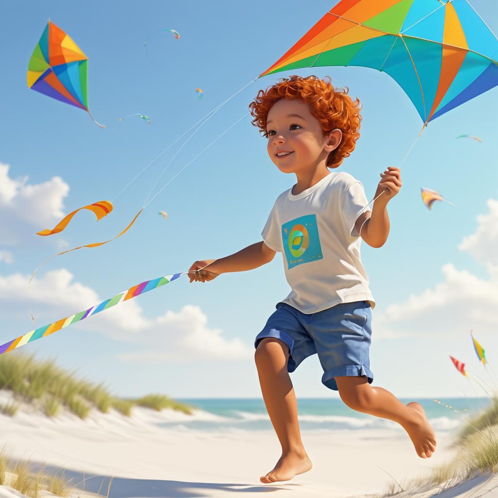 Freckled Boy Flying a Kite at Beach