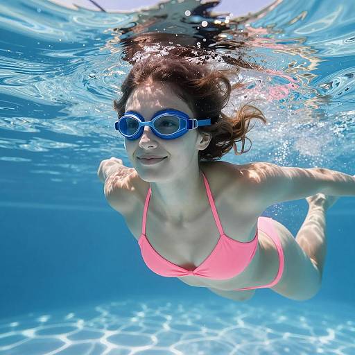 Young Woman Swimming Underwater in Pool