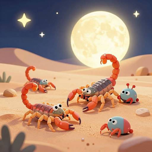 Playful Cartoon Scorpions Under Moonlight