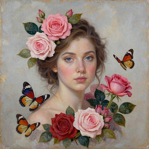 Digital painting of a young woman with blue eyes, fair skin, and wavy brown hair, adorned with pink and red roses, surrounded by orange and