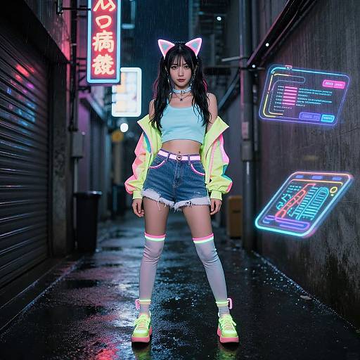 Neon-lit alleyway photograph of an Asian woman with long black hair, cat ears, neon jacket, crop top, denim shorts, thigh-high