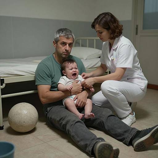 Father with crying baby and nurse in hospital room