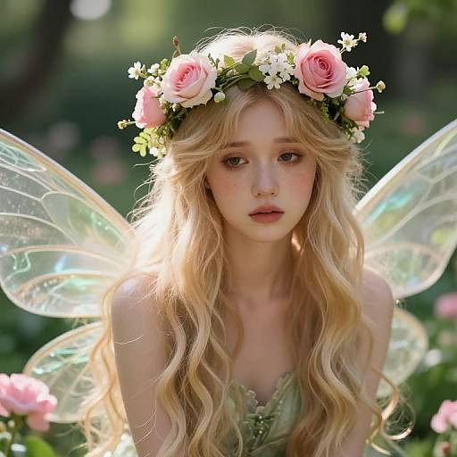 Photograph-style digital art of a fairytale fairy with long blonde hair, pink rose crown, translucent wings, green dress, and soft, eth