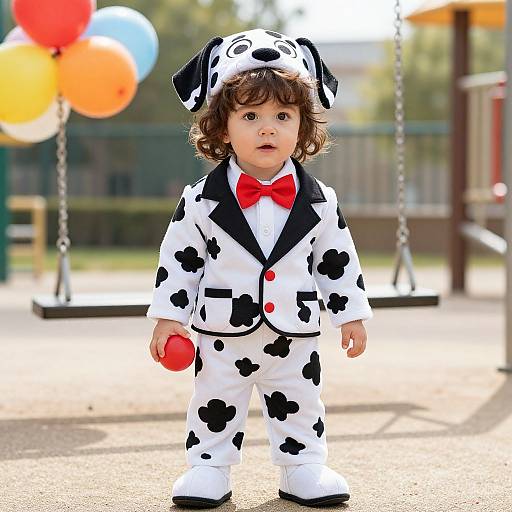 Photograph of a curly-haired toddler in a black-and-white cow-print onesie, red bowtie, and dog ears, holding a red ball,