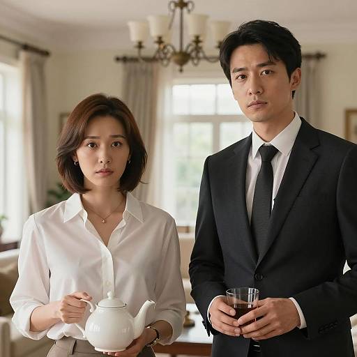 Photograph of an Asian couple in a well-lit, elegant living room. Woman in white blouse holding white teapot, man in black suit with