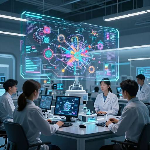 Photograph of a modern, high-tech research lab with five Asian scientists in white lab coats, working at desks with glowing holographic screens displaying intricate,
