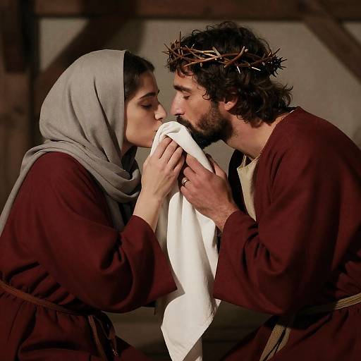 Kneeling Intimacy in Symbolic Attire