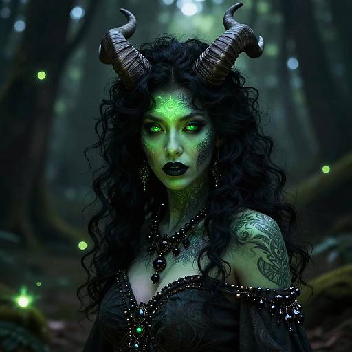 Digital artwork of a green-eyed, black-haired demon woman with glowing forehead, dark lipstick, curled horns, and intricate tattoos, standing in a dark,