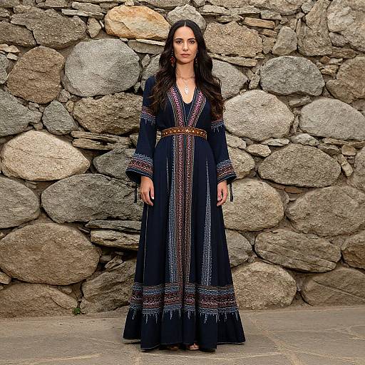 Photograph of a woman with long dark hair in a black, long-sleeved, embroidered dress standing against a stone wall.