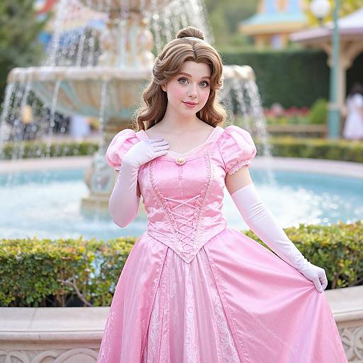 Photorealistic digital art of a young woman with fair skin and brown hair in a pink, Victorian-style ball gown with white gloves, standing in front