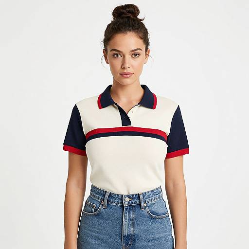 Photograph of a young woman with light brown skin and dark hair in a bun, wearing a white, navy, and red polo shirt, and blue