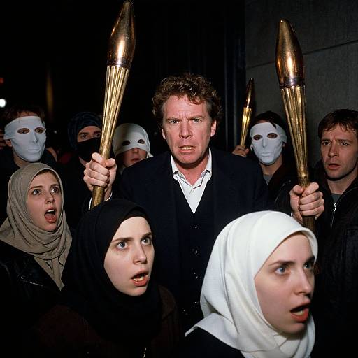 Photograph of a group of people with white masks and black clothing, holding golden torches, featuring a central curly-haired man.