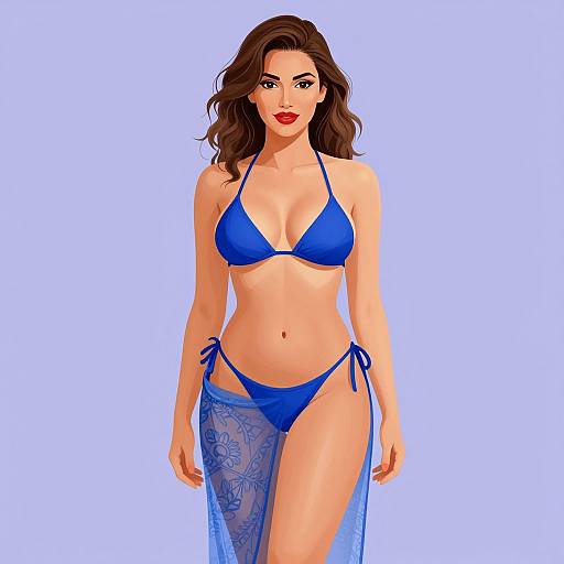 Digital illustration of a curvy woman with long brown hair, wearing a blue bikini and sheer blue sarong, standing against a light blue background.