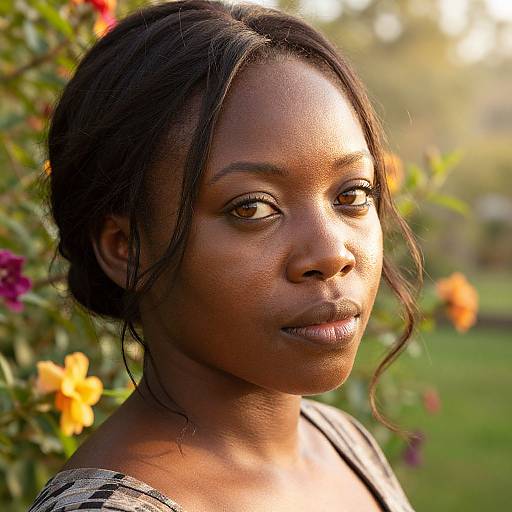 Photograph of a dark-skinned woman with natural hair, wearing a checkered shirt, standing in a sunlit garden with colorful flowers in the background