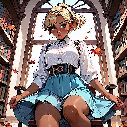 Anime Girl in Library with Autumn Leaves