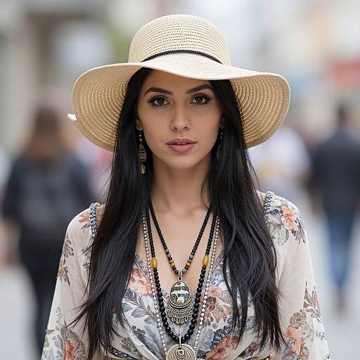 Boho Girl with Jewelry and Floral Hat