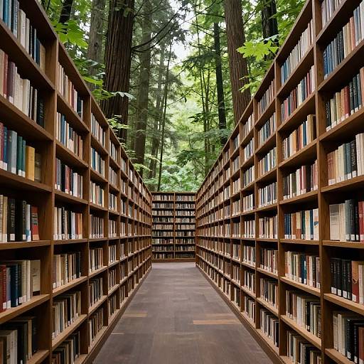 Photograph of a serene, wooden library aisle with tall bookshelves on both sides, leading to a forest background, sunlight filtering through trees.