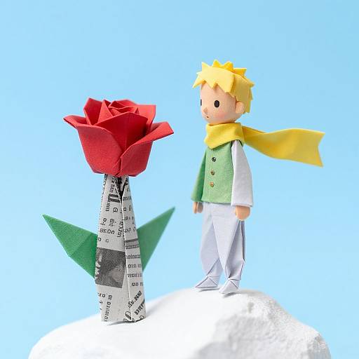 Colorful paper-crafted scene: yellow-haired boy with green vest and yellow scarf gazes at red flower on newspaper stem against blue background.