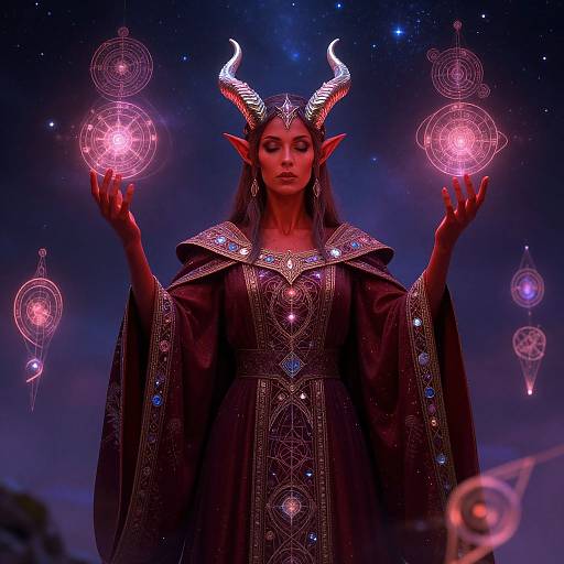 Digital art of a red-skinned, horned demoness with long brown hair, wearing a detailed, gemstone-embellished robe, holding