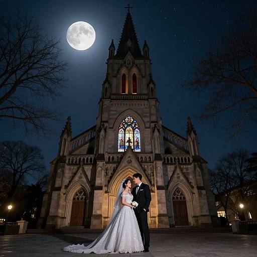 Photograph of a bride in a white lace gown and groom in a black tuxedo, kissing under a full moon, in front of a Gothic