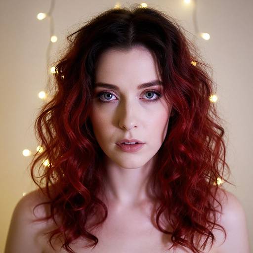 Photograph of a pale-skinned woman with striking blue eyes and voluminous, curly red hair, illuminated by soft, yellow fairy lights in the background